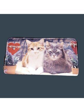 Kitty Cat Love Printed Zip Around Wallet Kitten Faux Leather Christmas Gift